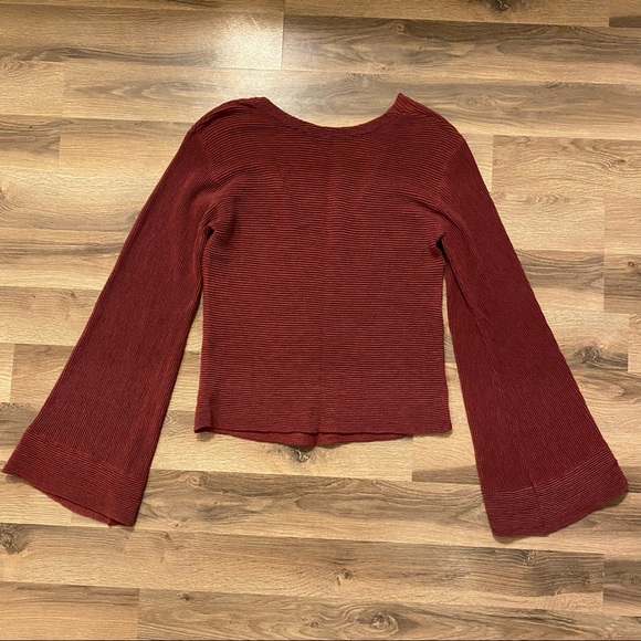 Free People Burgundy Starman Ribbed V Neck Bell Sleeve Sweater - Picture 3 of 6